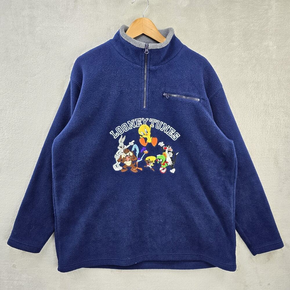 Vintage Warner Bros Looney Tunes 1/4 Zip Sweaterβ Large Blue Fleece 2000 Y2K Vtg